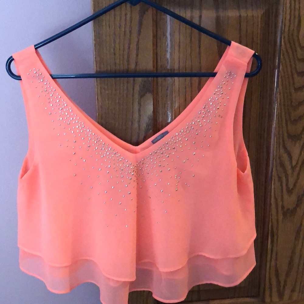 Coral, rhinestone crop top. Size medium